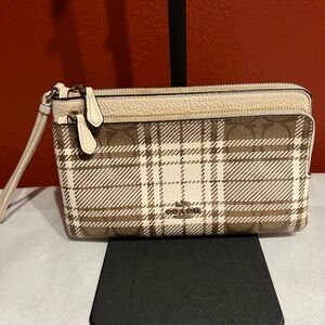 Coach Beige and Brown Plaid Double Zip Wallet/Wristlet
